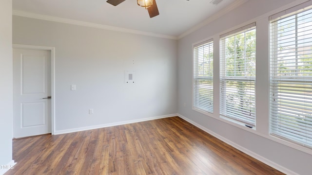 421 Old Ride Dr, Holly Springs, NC 27540 - unfurnished room with a ceiling fan, baseboards, wood finished floors, and ornamental molding