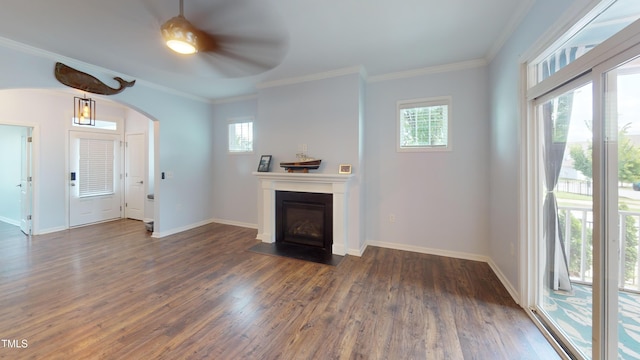 421 Old Ride Dr, Holly Springs, NC 27540 - unfurnished living room featuring arched walkways, wood finished floors, crown molding, a ceiling fan, and baseboards