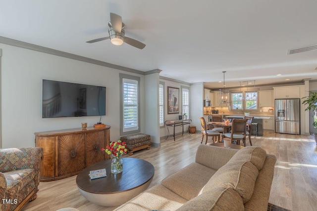 1624 Tunnel St, Wendell, NC 27591 - living room with crown molding, light wood-style flooring, ceiling fan, and recessed lighting