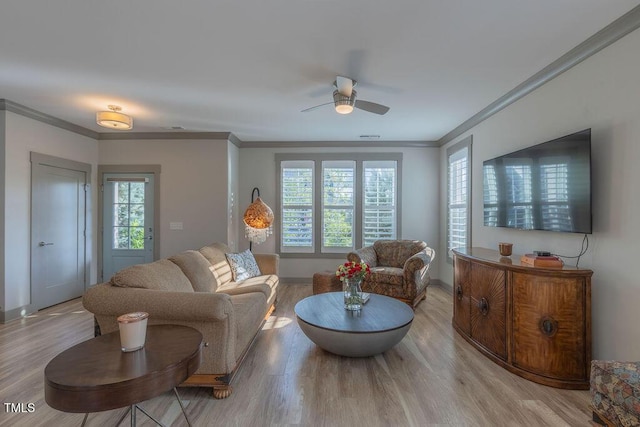 1624 Tunnel St, Wendell, NC 27591 - living room featuring ceiling fan, ornamental molding, and light wood-type flooring