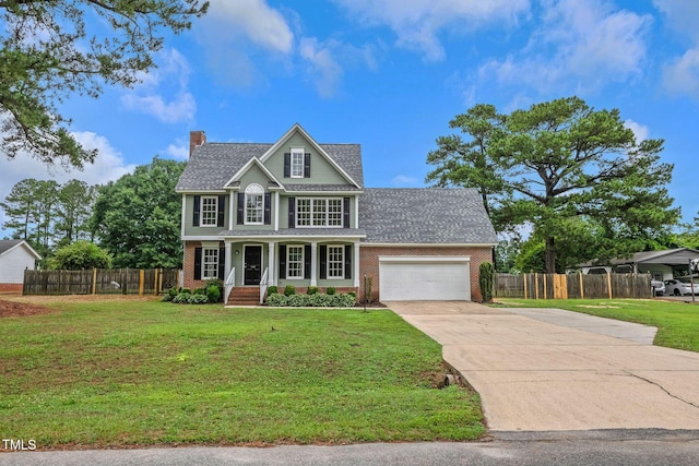 248 Robin Loop, Dunn, NC 28334 - view of front of property featuring brick siding, a porch, concrete driveway, a chimney, and a garage