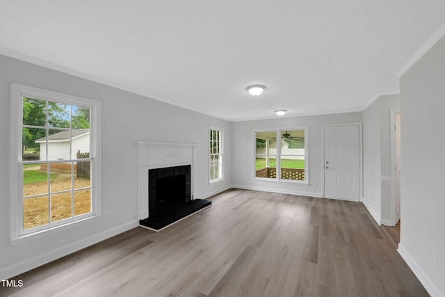 248 Robin Loop, Dunn, NC 28334 - unfurnished living room featuring wood finished floors, crown molding, a fireplace with raised hearth, and baseboards