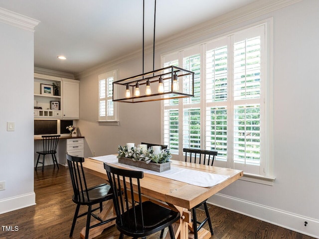 612 Peach Orchard Pl, Cary, NC 27519 - dining area featuring ornamental molding, baseboards, dark wood finished floors, a chandelier, and recessed lighting