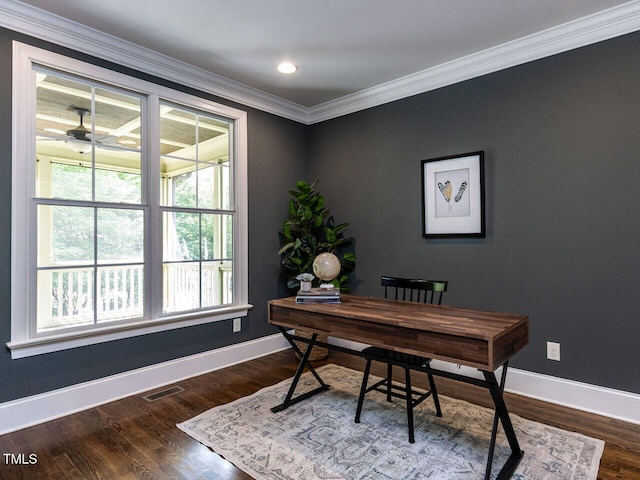 612 Peach Orchard Pl, Cary, NC 27519 - office featuring ornamental molding, plenty of natural light, baseboards, dark wood-style flooring, and ceiling fan