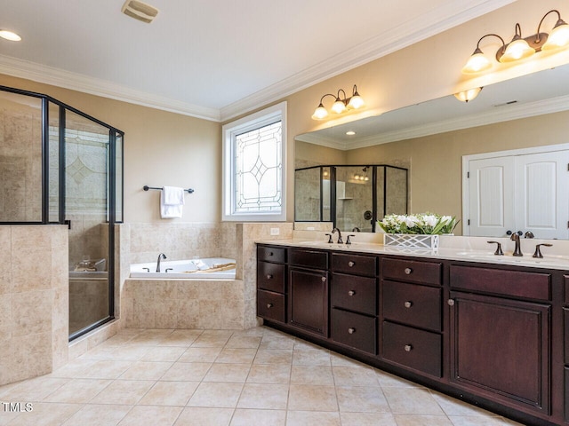 612 Peach Orchard Pl, Cary, NC 27519 - full bath with a bath, double vanity, tile patterned flooring, a stall shower, and crown molding