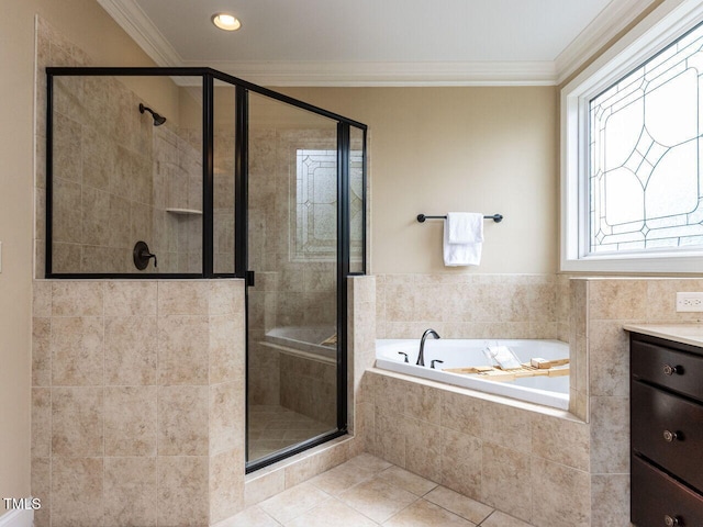 612 Peach Orchard Pl, Cary, NC 27519 - bathroom featuring ornamental molding, a garden tub, a stall shower, vanity, and tile patterned floors