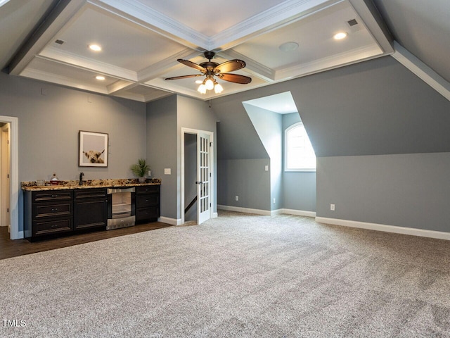 612 Peach Orchard Pl, Cary, NC 27519 - indoor bar featuring dark colored carpet, baseboards, coffered ceiling, ceiling fan, and french doors