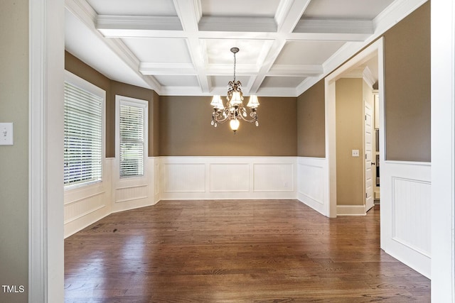 513 Goal Kick, Fuquay Varina, NC 27526 - unfurnished dining area with a chandelier, beamed ceiling, coffered ceiling, dark wood finished floors, and wainscoting