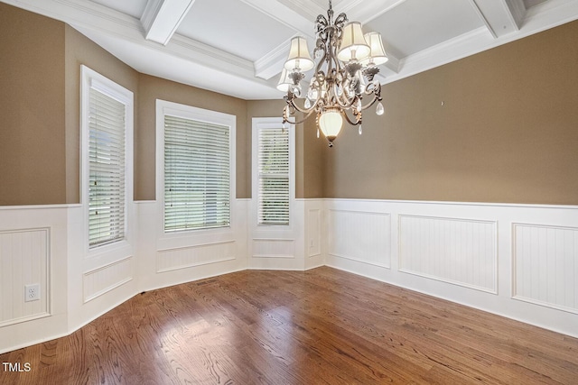 513 Goal Kick, Fuquay Varina, NC 27526 - unfurnished room featuring coffered ceiling, wainscoting, a chandelier, beamed ceiling, and wood finished floors