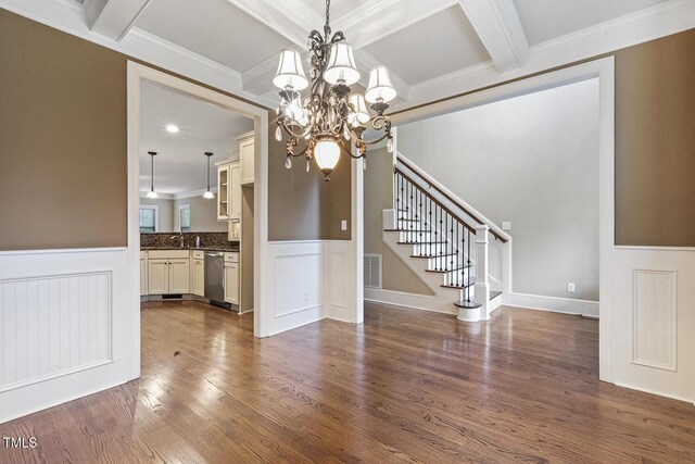 513 Goal Kick, Fuquay Varina, NC 27526 - unfurnished dining area featuring coffered ceiling, a wainscoted wall, a chandelier, dark wood-style flooring, and beam ceiling