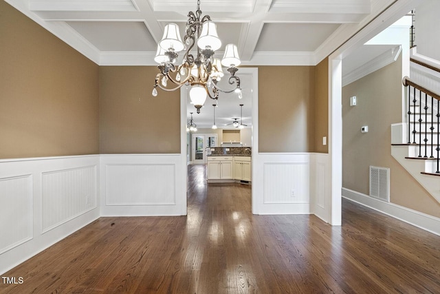 513 Goal Kick, Fuquay Varina, NC 27526 - unfurnished dining area featuring a chandelier, stairs, dark wood-style floors, beam ceiling, and a wainscoted wall