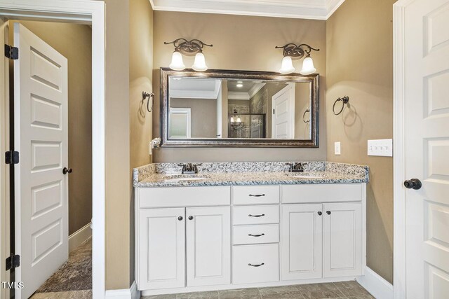 513 Goal Kick, Fuquay Varina, NC 27526 - full bathroom featuring ornamental molding, double vanity, and a shower