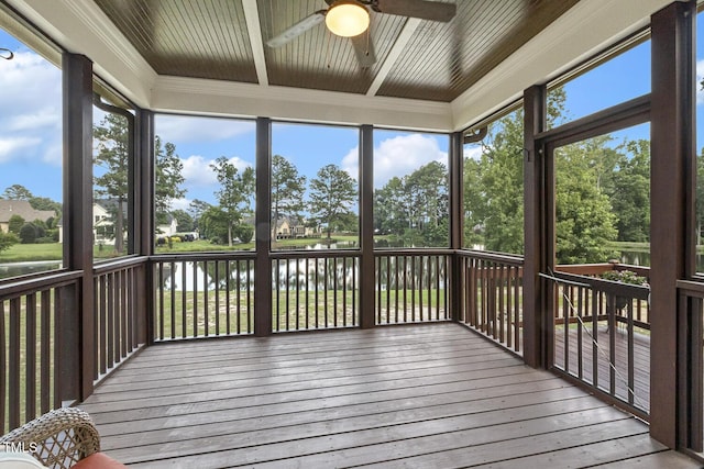 513 Goal Kick, Fuquay Varina, NC 27526 - unfurnished sunroom featuring a ceiling fan, a water view, and plenty of natural light