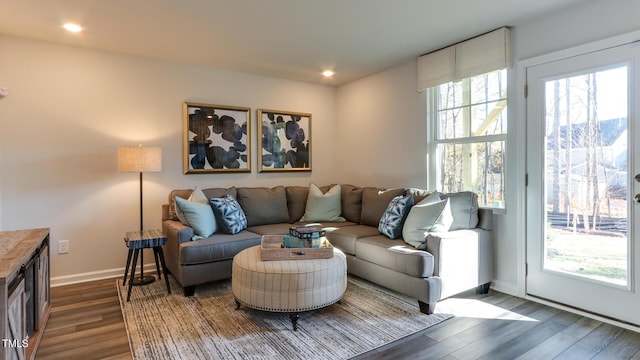 219 Carova Bnd, Apex, NC 27539 - living room with dark wood finished floors, baseboards, and recessed lighting