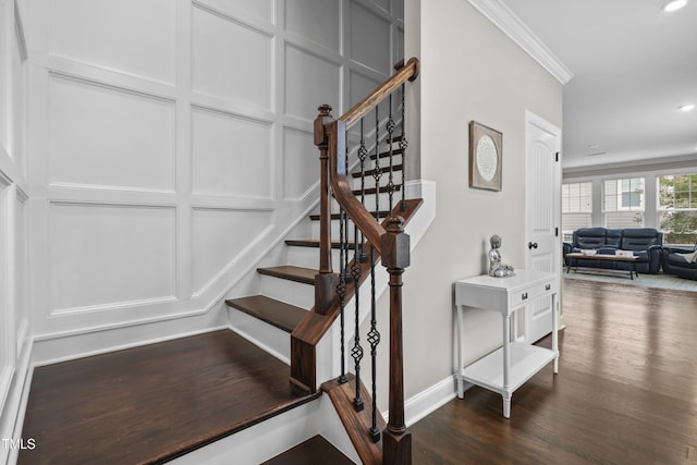 1313 Littlehills Dr, Apex, NC 27523 - stairway with crown molding, wood finished floors, and recessed lighting