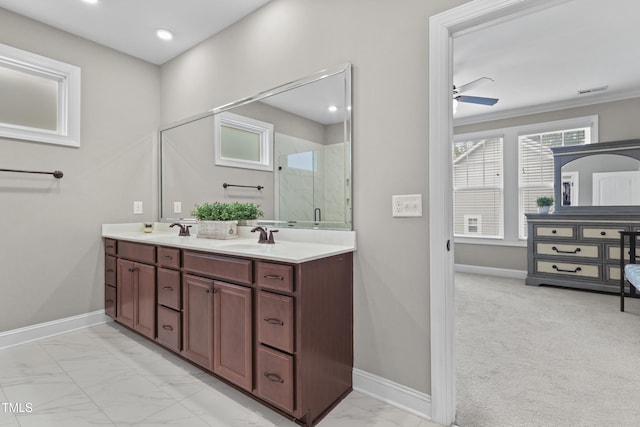 1313 Littlehills Dr, Apex, NC 27523 - full bath featuring double vanity, a shower stall, a ceiling fan, marble finish floors, and recessed lighting