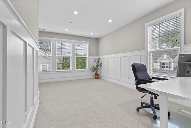 1313 Littlehills Dr, Apex, NC 27523 - carpeted home office featuring a wainscoted wall, recessed lighting, and a decorative wall