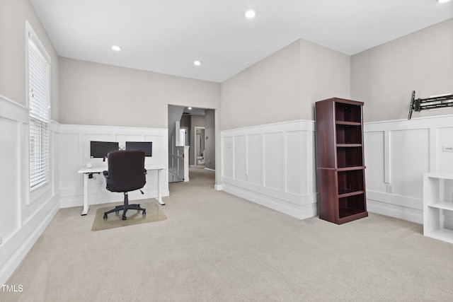 1313 Littlehills Dr, Apex, NC 27523 - office with carpet floors, a decorative wall, a wainscoted wall, and recessed lighting