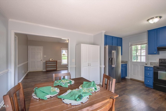 1309 Sweet Charm Ln, Knightdale, NC 27545 - dining space with dark wood-type flooring, crown molding, and a textured ceiling