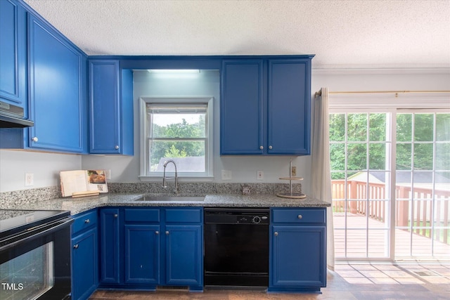 1309 Sweet Charm Ln, Knightdale, NC 27545 - kitchen featuring black appliances, blue cabinetry, a textured ceiling, and stone counters