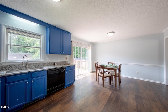 1309 Sweet Charm Ln, Knightdale, NC 27545 - kitchen featuring black dishwasher, blue cabinets, dark wood-style floors, a textured ceiling, and light stone countertops