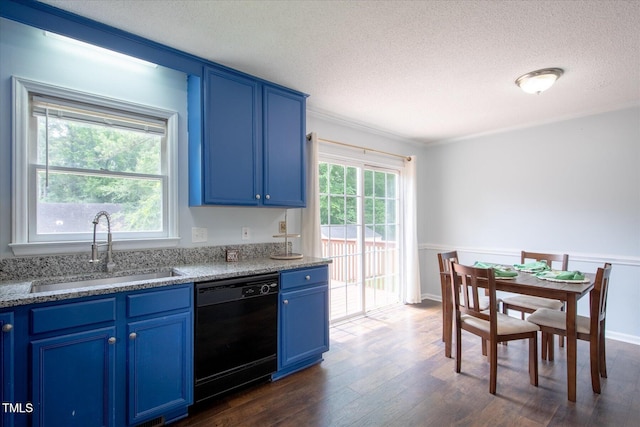 1309 Sweet Charm Ln, Knightdale, NC 27545 - kitchen featuring dishwasher, blue cabinets, a textured ceiling, dark wood-style floors, and light stone countertops