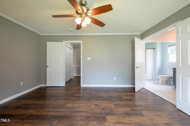 1309 Sweet Charm Ln, Knightdale, NC 27545 - unfurnished bedroom featuring ornamental molding, wood finished floors, ensuite bathroom, and a ceiling fan