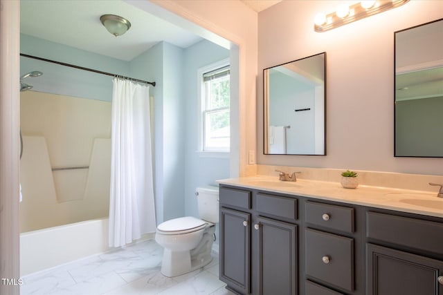 1309 Sweet Charm Ln, Knightdale, NC 27545 - full bath featuring double vanity, marble look tile flooring, and shower / bathtub combination with curtain