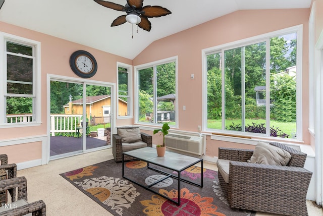132 Lord Ashley Rd, Raleigh, NC 27610 - sunroom with lofted ceiling, a ceiling fan, and plenty of natural light