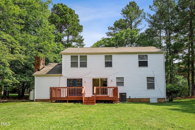 104 Benedict Ln, Raleigh, NC 27614 - back of property featuring a yard, a deck, a chimney, central AC unit, and crawl space