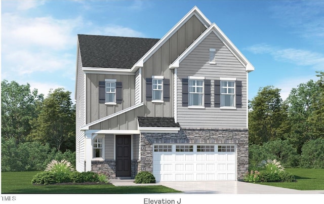 321 Calvander Ln, Apex, NC 27539 - view of front facade with board and batten siding, stone siding, a garage, driveway, and a shingled roof