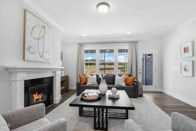 321 Calvander Ln, Apex, NC 27539 - living area featuring crown molding, wood finished floors, a fireplace with flush hearth, baseboards, and recessed lighting