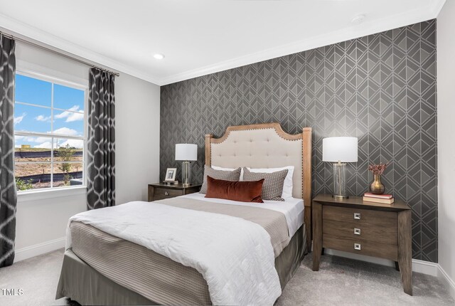 321 Calvander Ln, Apex, NC 27539 - bedroom featuring an accent wall, baseboards, crown molding, carpet floors, and recessed lighting