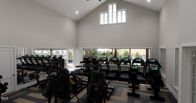 321 Calvander Ln, Apex, NC 27539 - workout area featuring high vaulted ceiling, carpet, and recessed lighting