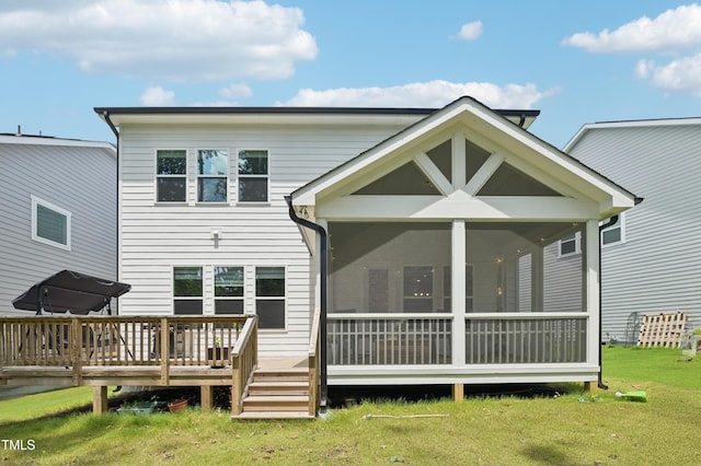 772 Mirkwood Ave, Apex, NC 27523 - back of house with a sunroom, a lawn, and a wooden deck