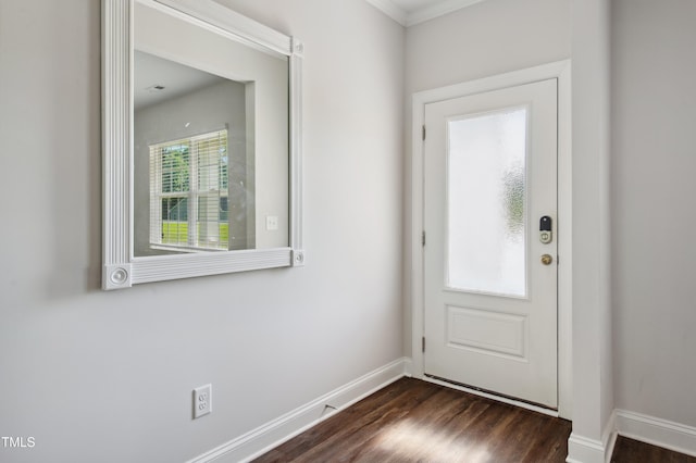 933 Weatherby Ln, Creedmoor, NC 27522 - entryway with dark wood-type flooring and ornamental molding