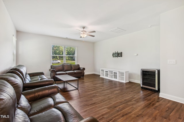 933 Weatherby Ln, Creedmoor, NC 27522 - living room featuring beverage cooler, ceiling fan, and dark wood-style floors