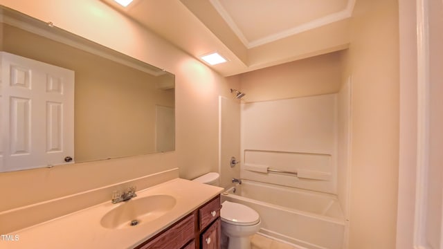 1446 Cimarron Pkwy Unit 64, Wake Forest, NC 27587 - bathroom featuring toilet, vanity, bathing tub / shower combination, and crown molding