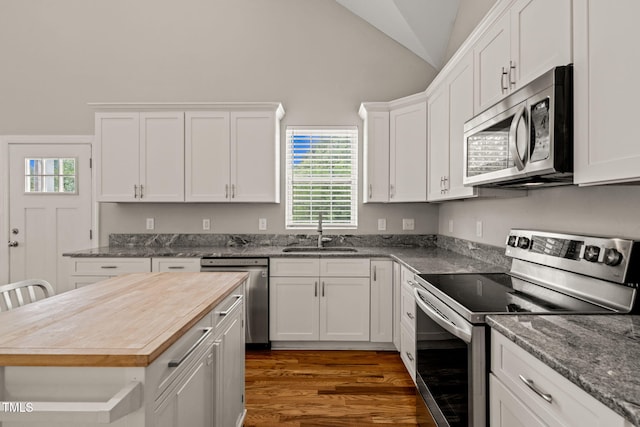 225 E End Ave, Durham, NC 27703 - kitchen featuring stainless steel appliances, a sink, healthy amount of natural light, white cabinets, and high vaulted ceiling