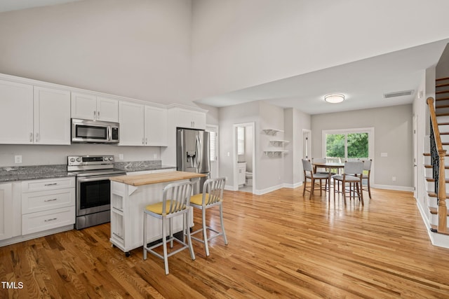 225 E End Ave, Durham, NC 27703 - kitchen with appliances with stainless steel finishes, wooden counters, a breakfast bar area, light wood-type flooring, and white cabinets