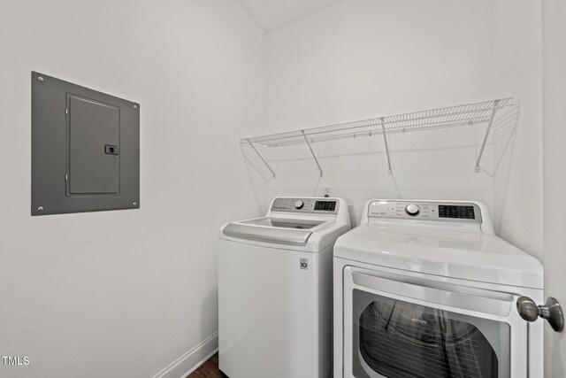 225 E End Ave, Durham, NC 27703 - laundry area with electric panel, washing machine and clothes dryer, and baseboards