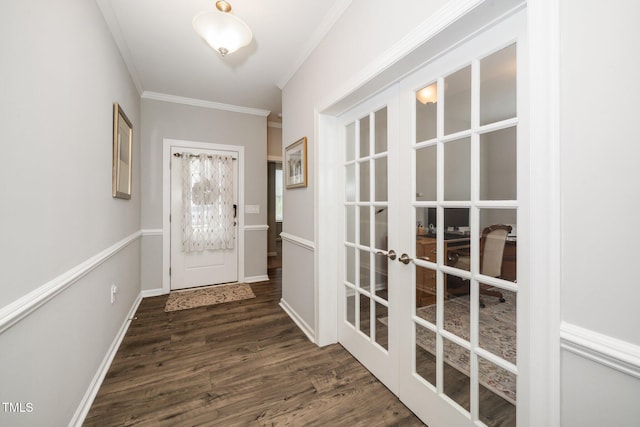 512 Courtship Cv, Durham, NC 27703 - entryway featuring french doors, ornamental molding, and dark wood-type flooring