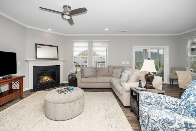 512 Courtship Cv, Durham, NC 27703 - living area featuring plenty of natural light, wood finished floors, ceiling fan, a fireplace with flush hearth, and ornamental molding