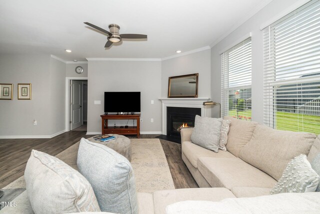 512 Courtship Cv, Durham, NC 27703 - living area with crown molding, dark wood-type flooring, a ceiling fan, a fireplace with flush hearth, and recessed lighting