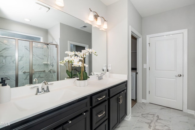 512 Courtship Cv, Durham, NC 27703 - full bathroom featuring a marble finish shower, double vanity, and marble look tiles