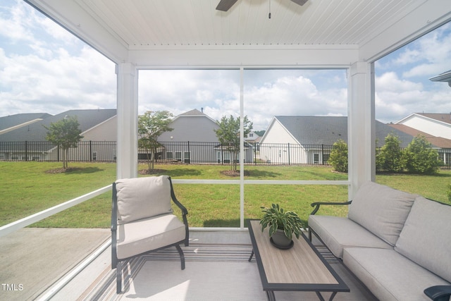 512 Courtship Cv, Durham, NC 27703 - sunroom featuring a ceiling fan, an outdoor living space, and a residential view