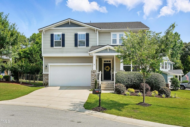 409 Kilcornac Ct, Fuquay Varina, NC 27526 - craftsman inspired home with a garage, driveway, a front yard, and stone siding