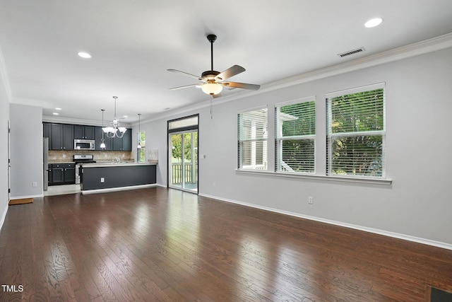 409 Kilcornac Ct, Fuquay Varina, NC 27526 - unfurnished living room featuring crown molding, a ceiling fan, recessed lighting, baseboards, and dark wood-style floors