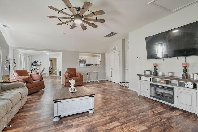 784 Crawford Rd, Coats, NC 27521 - living room with a ceiling fan, lofted ceiling, wood finished floors, and baseboards