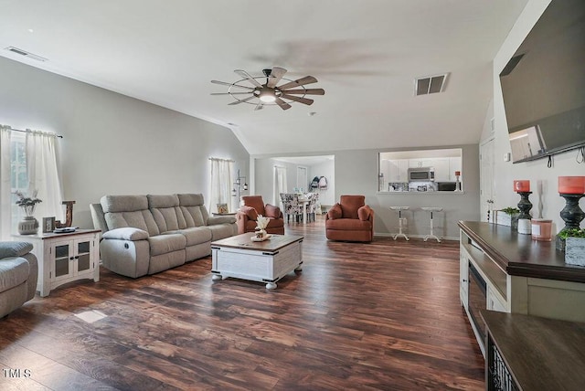 784 Crawford Rd, Coats, NC 27521 - living room featuring ceiling fan, lofted ceiling, and dark wood-style floors
